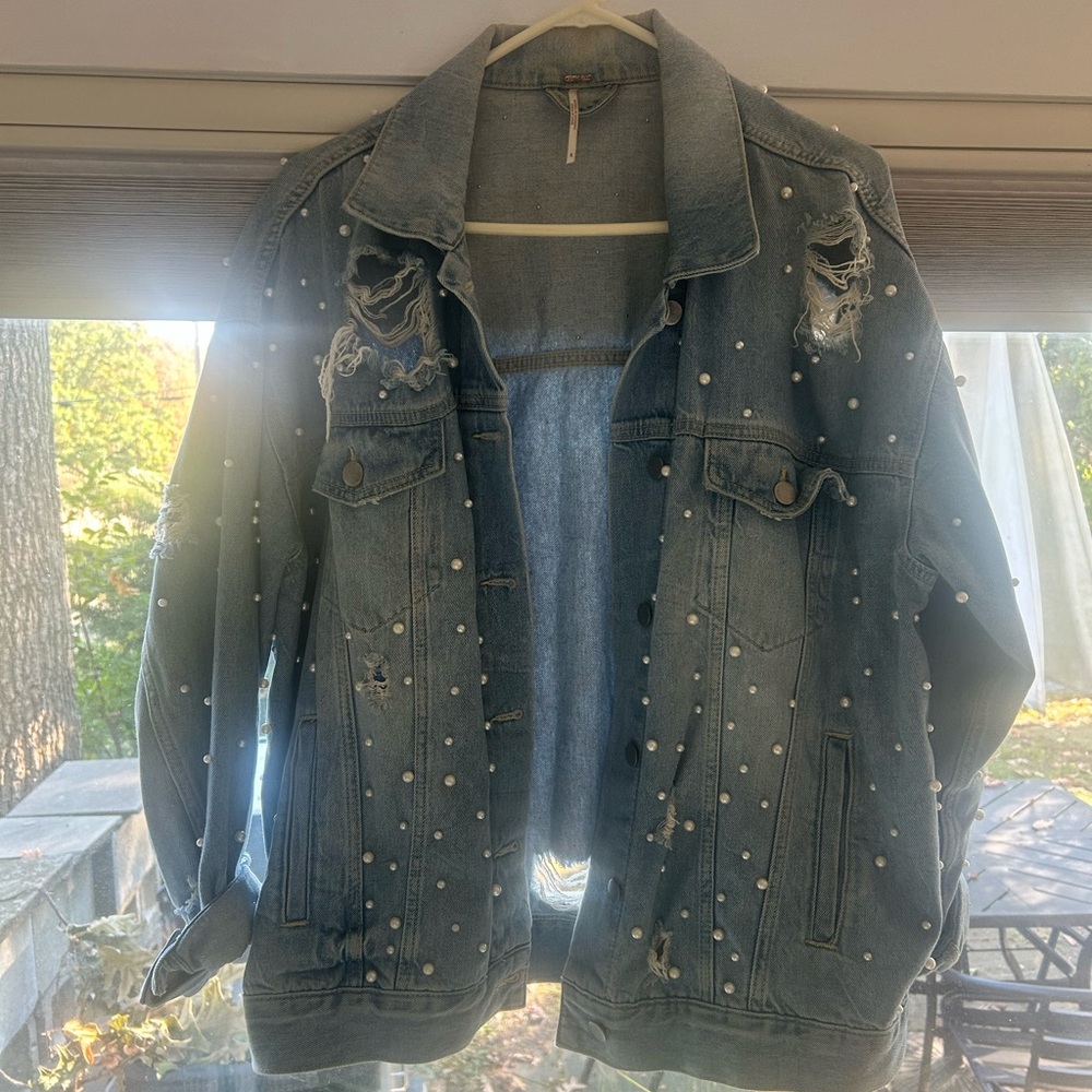 Free People pearl embossed distressed jean jacket